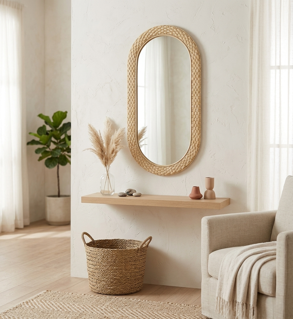 Espelho Fibra de Palha Oval Decorativo
